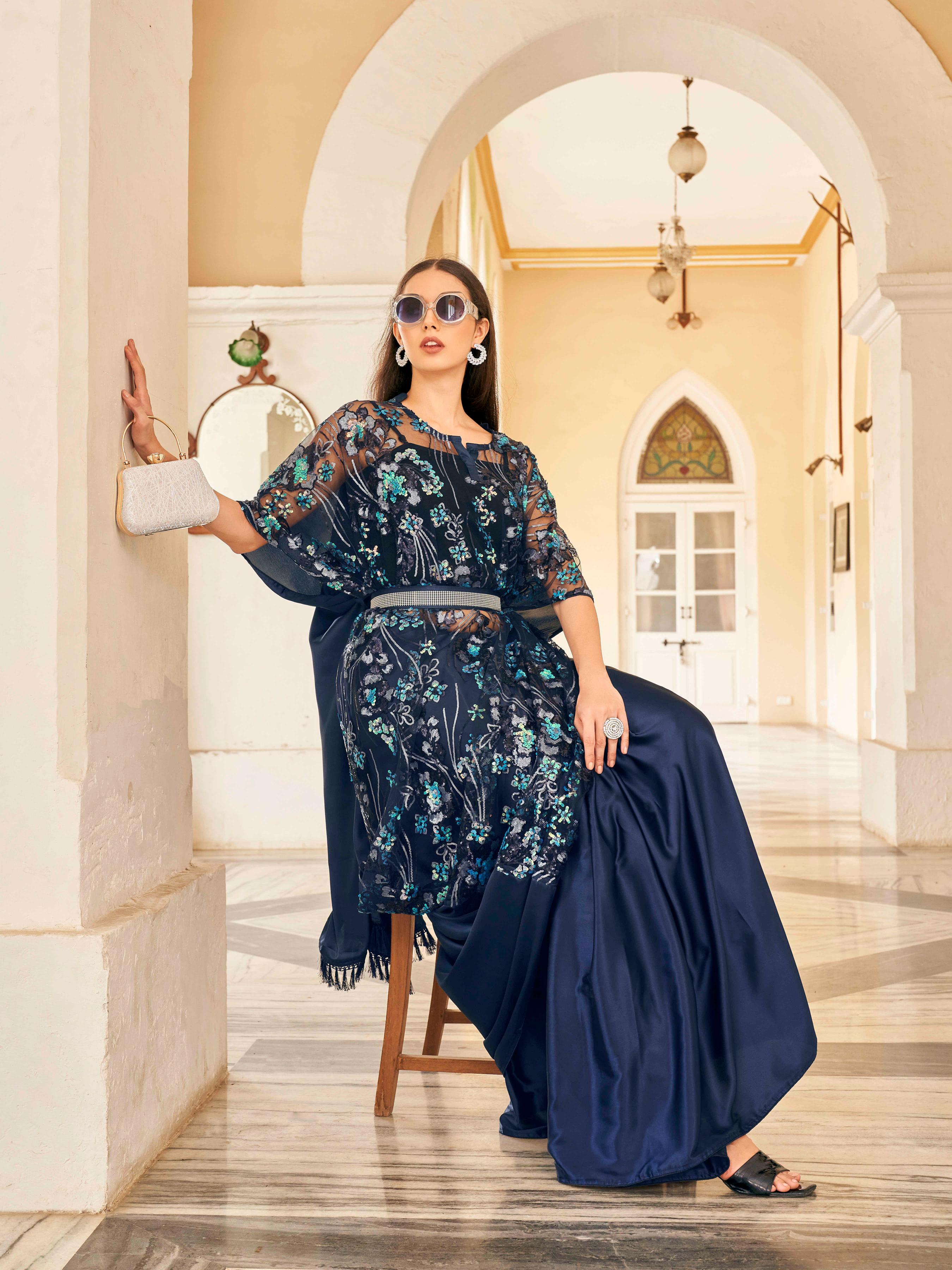 Navy blue colored desiger kaftan saree with belt