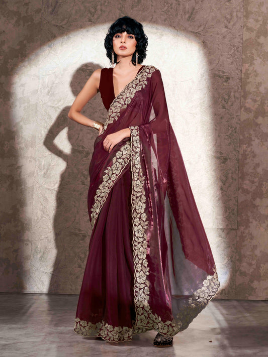 Maroon colored embroidered scalloped satin organza saree