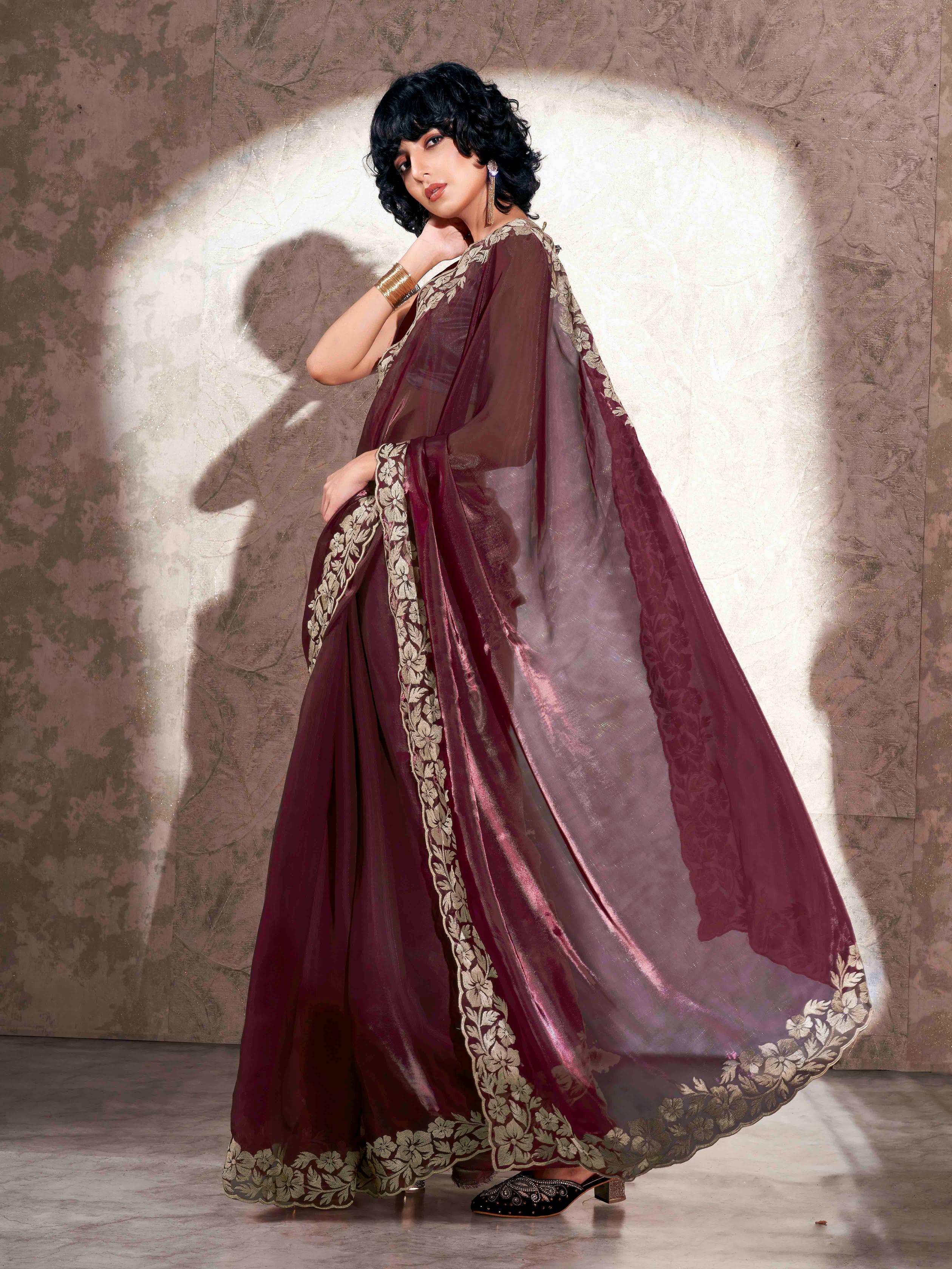 Maroon colored embroidered scalloped satin organza saree