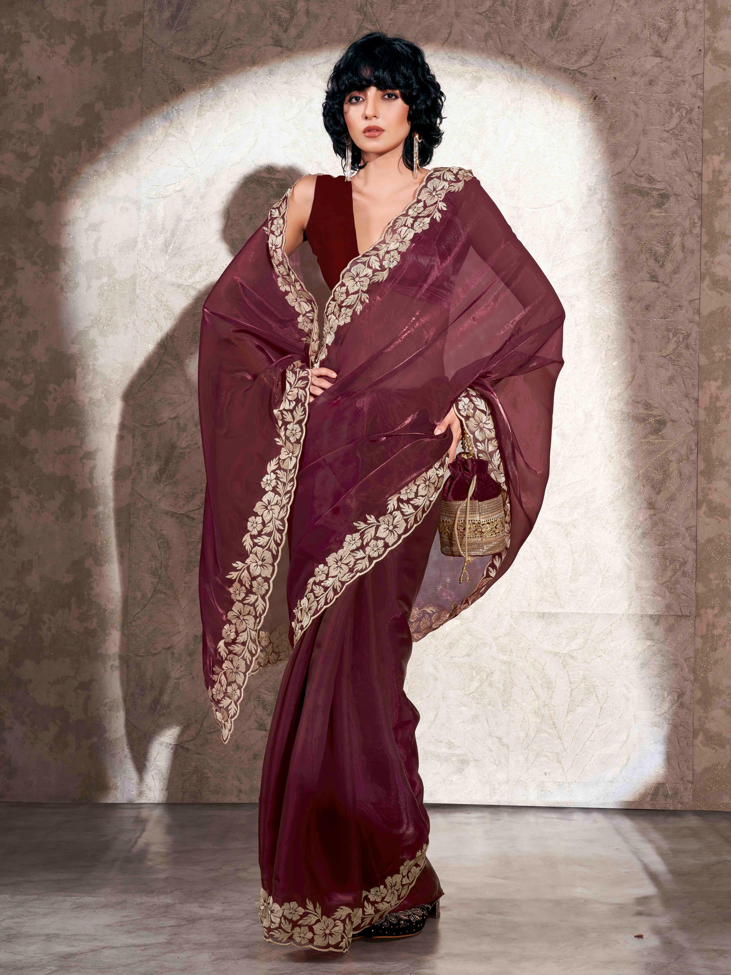 Maroon colored embroidered scalloped satin organza saree