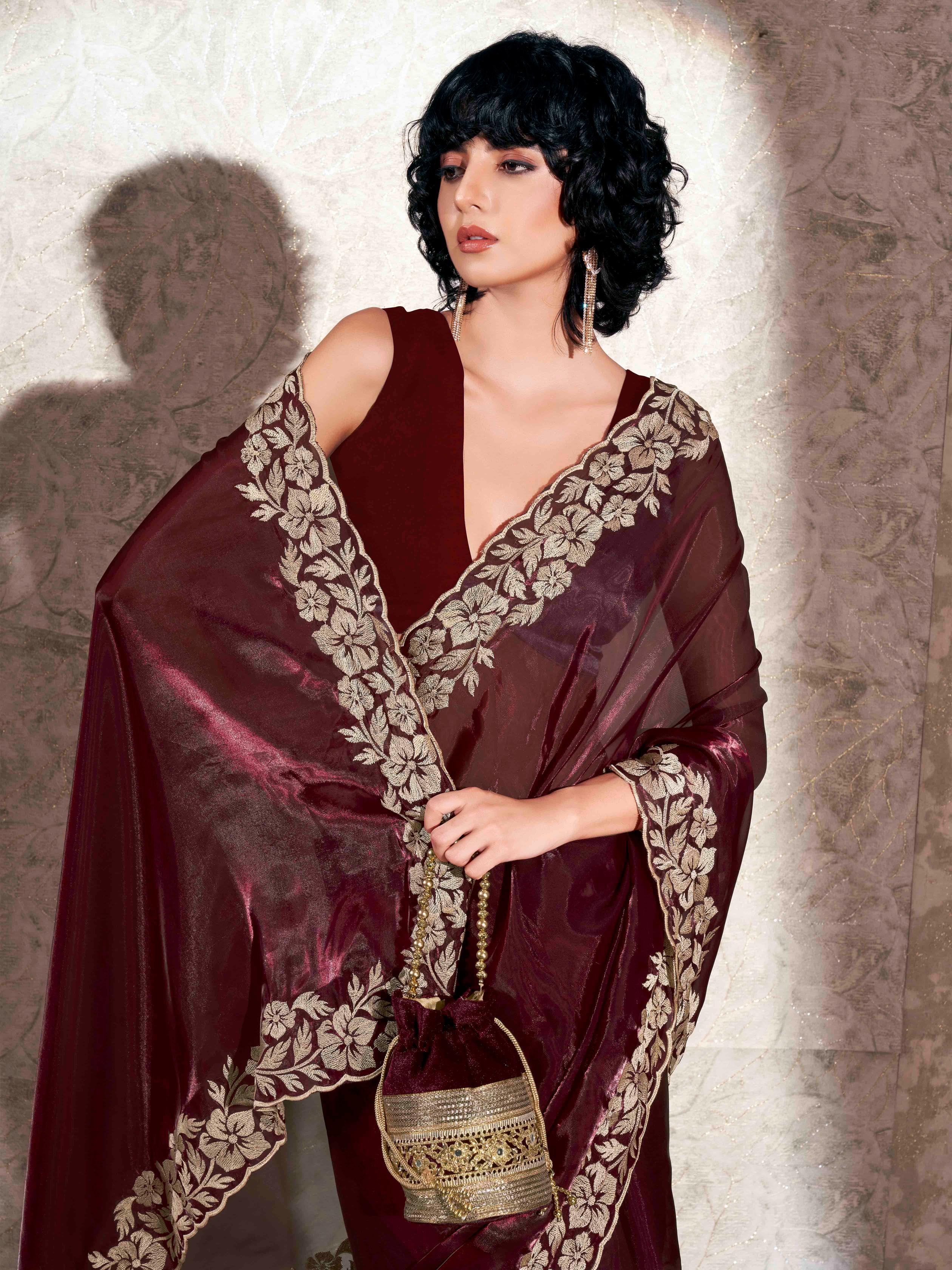 Maroon colored embroidered scalloped satin organza saree