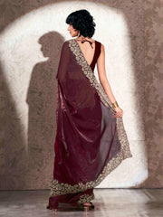 Maroon colored embroidered scalloped satin organza saree