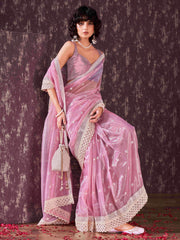 Pink colored supernet saree with faux mirror embroidery and crochet lace