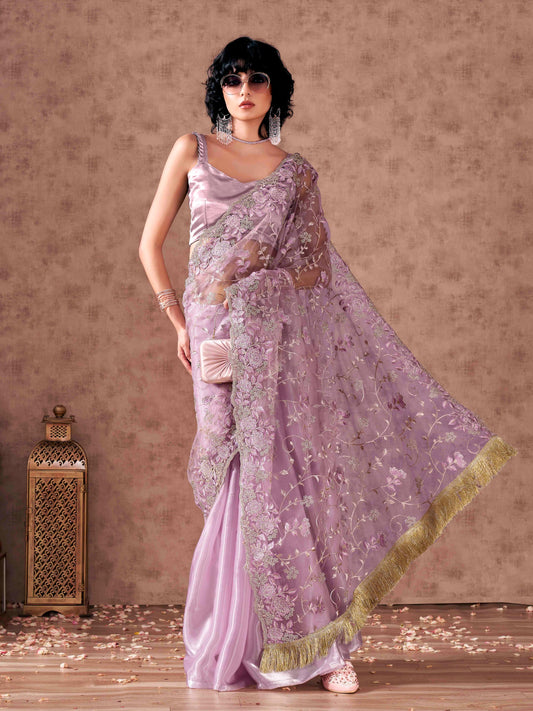 Mauve colored net and organza half and half embroidered saree