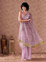 Mauve colored net and organza half and half embroidered saree