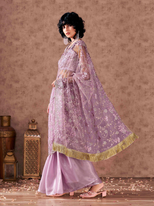 Mauve colored net and organza half and half embroidered saree