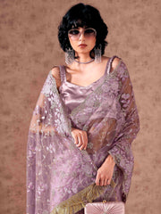 Mauve colored net and organza half and half embroidered saree