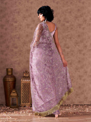 Mauve colored net and organza half and half embroidered saree