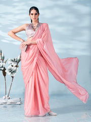 Peach colored satin foil printed saree with embellished lace