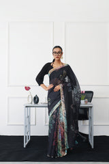 Ready to wear black colored poly cotton digital printed saree