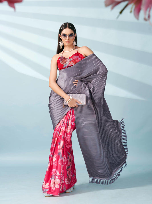 Pink and grey colored digital floral print half and half crepe saree with tassle in pallu