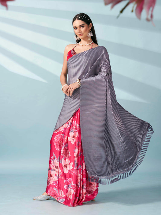 Pink and grey colored digital floral print half and half crepe saree with tassle in pallu