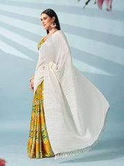 Cream and yellow colored digital floral print half and half crepe saree with tassle in pallu