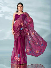 Rani colored shimmer chiffon saree with hand print and scalloped border