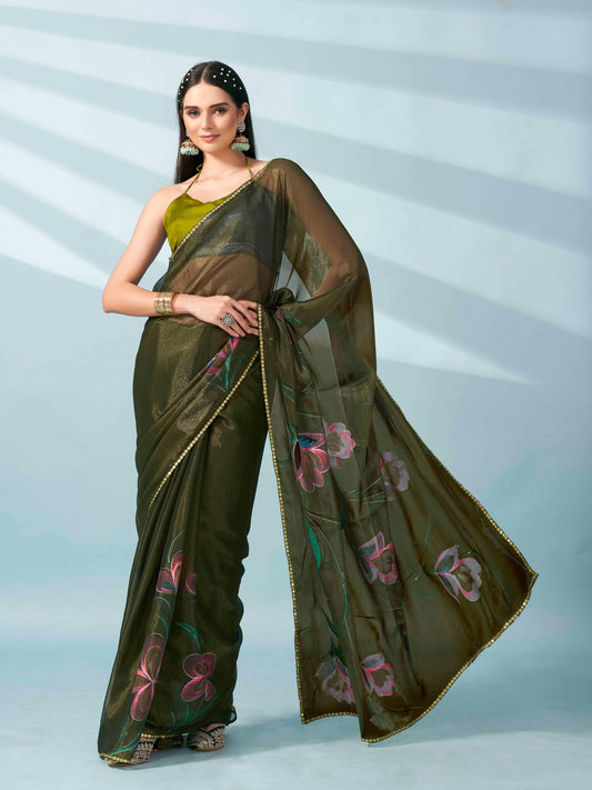 Green colored shimmer chiffon saree with hand print and scalloped border