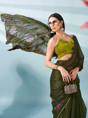 Green colored shimmer chiffon saree with hand print and scalloped border