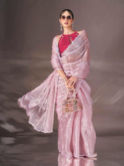 Baby pink colored shimmer satin saree with sequence embroidery and scalloped border