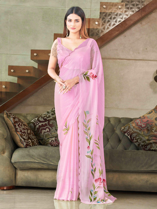 Pink colored striped shimmer saree with floral hand print and scalloped border