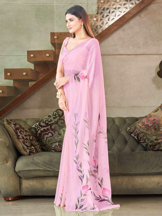 Pink colored striped shimmer saree with floral hand print and scalloped border