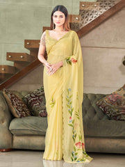 Yellow colored striped shimmer saree with floral hand print and scalloped border