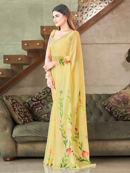 Yellow colored striped shimmer saree with floral hand print and scalloped border