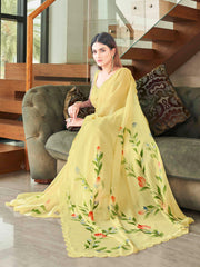 Yellow colored striped shimmer saree with floral hand print and scalloped border