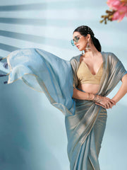 Blue and gold two tone shimmer chiffon saree with tassles in pallu and fancy lycra blouse