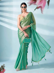 Sea green and gold two tone shimmer chiffon saree with tassles in pallu and fancy lycra blouse