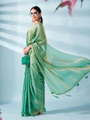 Sea green and gold two tone shimmer chiffon saree with tassles in pallu and fancy lycra blouse