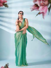 Sea green and gold two tone shimmer chiffon saree with tassles in pallu and fancy lycra blouse