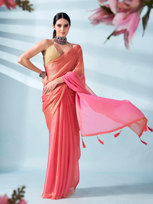 Pink and gold two tone shimmer chiffon saree with tassles in pallu and fancy lycra blouse