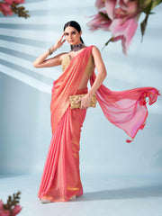 Pink and gold two tone shimmer chiffon saree with tassles in pallu and fancy lycra blouse