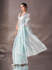 Sky blue colored shimmer satin saree with embellished lace