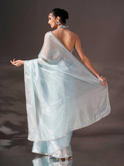 Sky blue colored shimmer satin saree with embellished lace