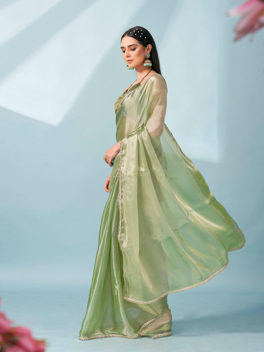 Green colored shimmer satin saree with embellished lace