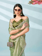 Green colored shimmer satin saree with embellished lace