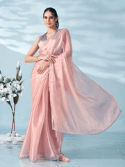 Peach colored shimmer satin saree with embellished lace