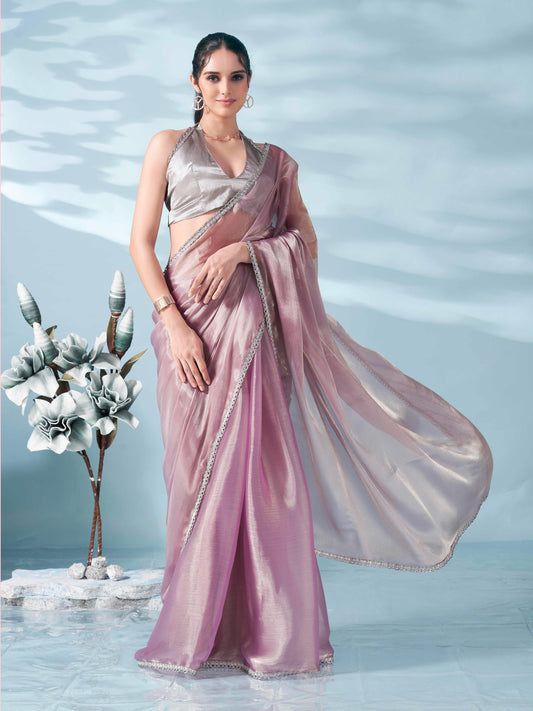 Lavendar colored shimmer satin saree with embellished lace