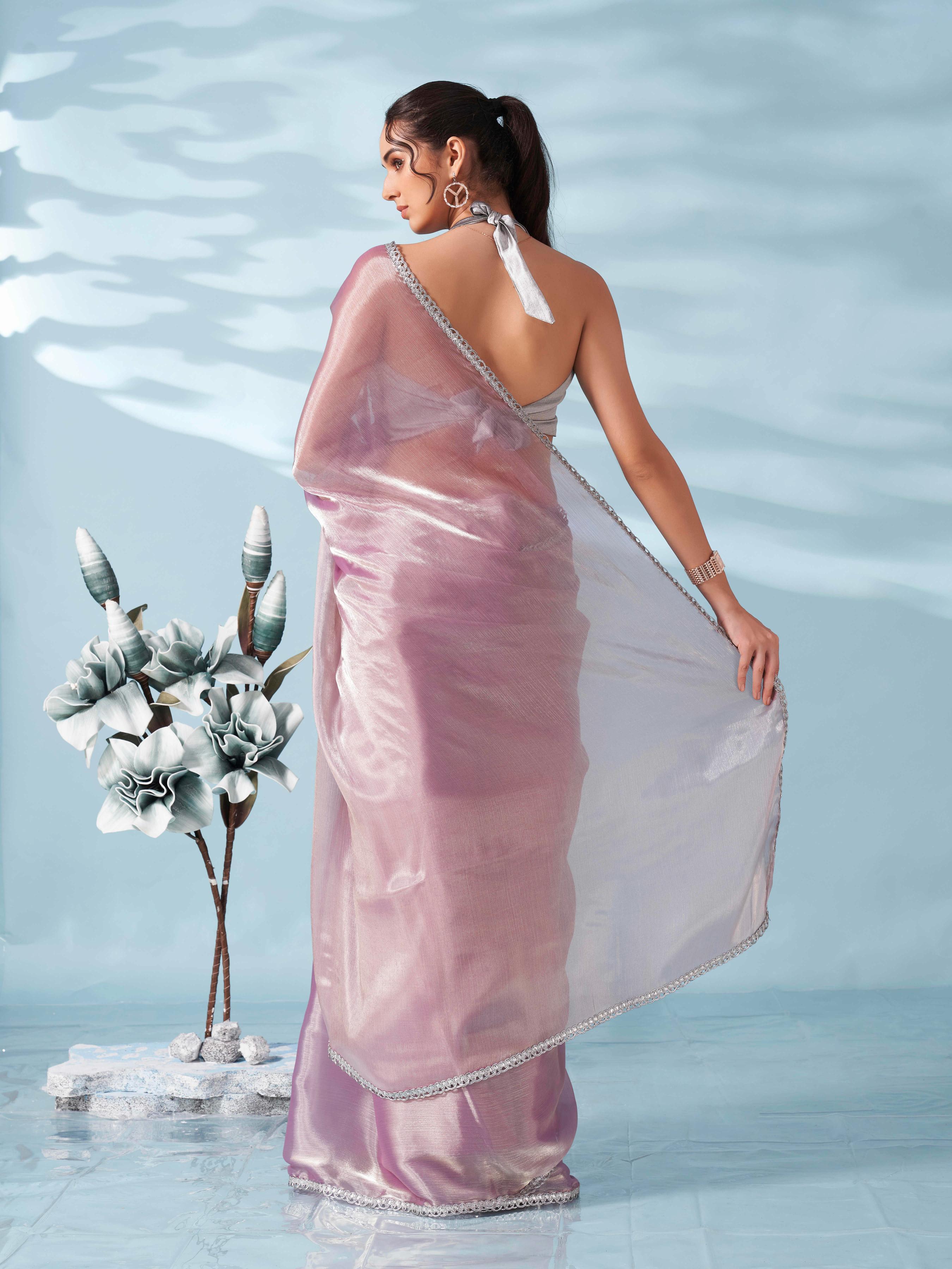 Lavendar colored shimmer satin saree with embellished lace