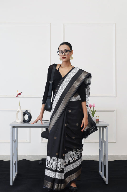 Ready to wear black and white traditional print poly cotton saree with woven border & tassles