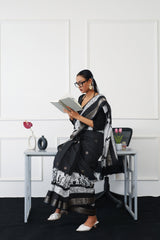 Ready to wear black and white traditional print poly cotton saree with woven border & tassles