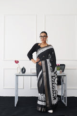 Ready to wear black and white traditional print poly cotton saree with woven border & tassles