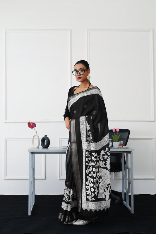 Ready to wear black and white traditional print poly cotton saree with woven border & tassles