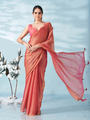 Two tone pink colored satin chiffon saree with tassles on pallu