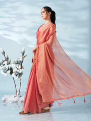 Two tone pink colored satin chiffon saree with tassles on pallu