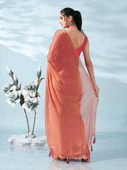 Two tone pink colored satin chiffon saree with tassles on pallu