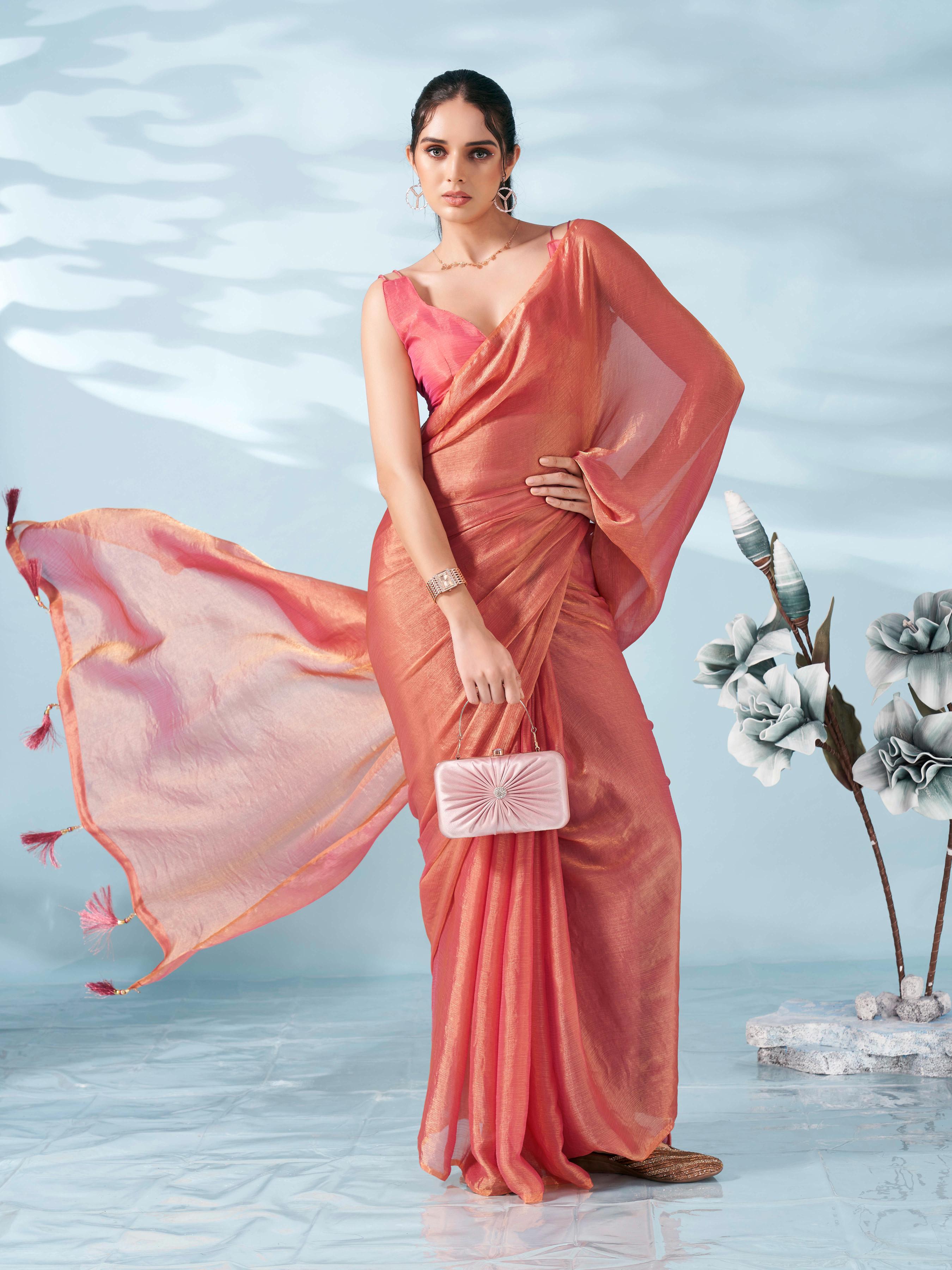 Two tone pink colored satin chiffon saree with tassles on pallu