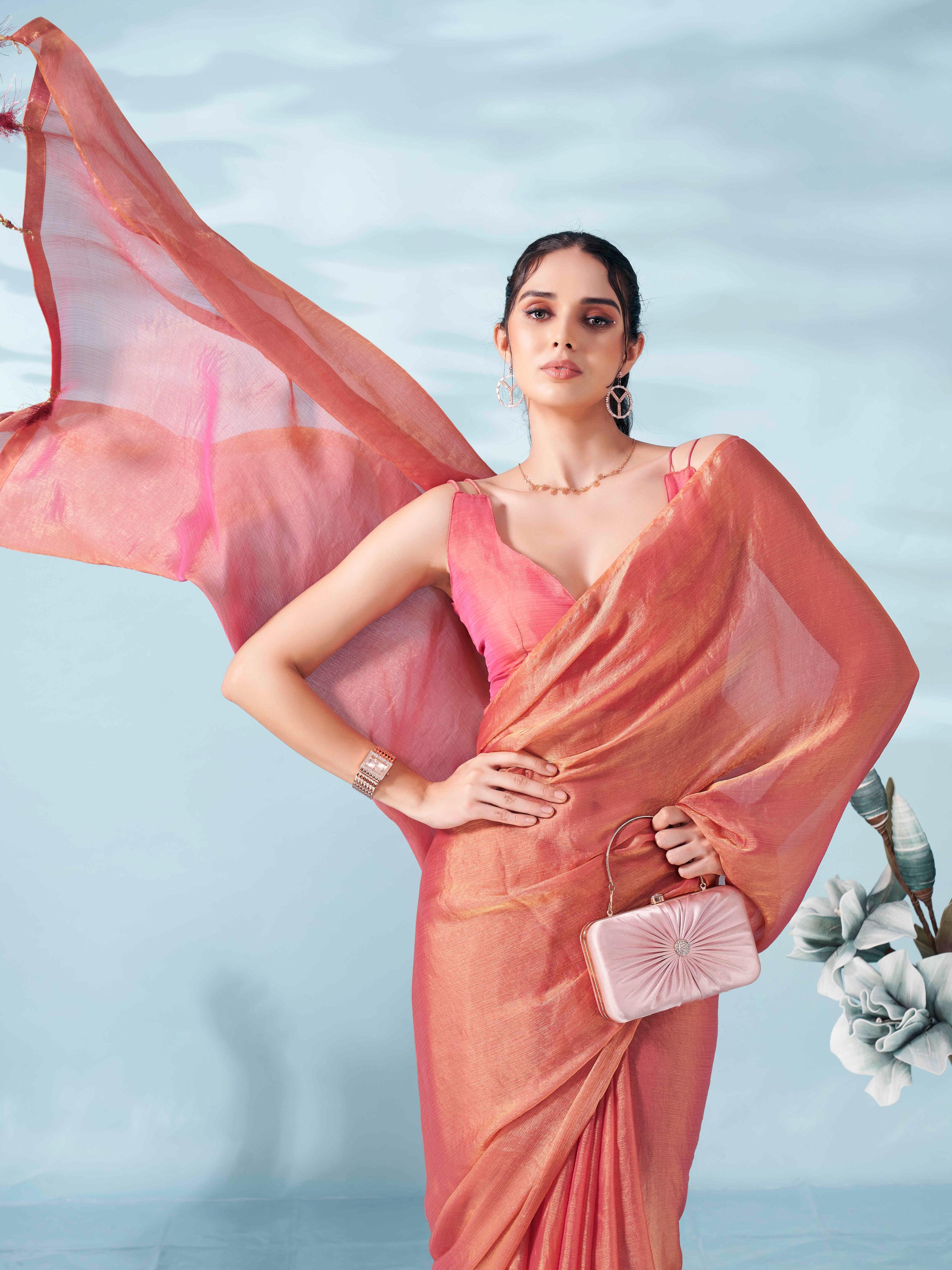 Two tone pink colored satin chiffon saree with tassles on pallu