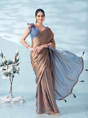 Two tone bronze and blue colored satin saree with tassles on pallu