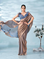 Two tone bronze and blue colored satin saree with tassles on pallu